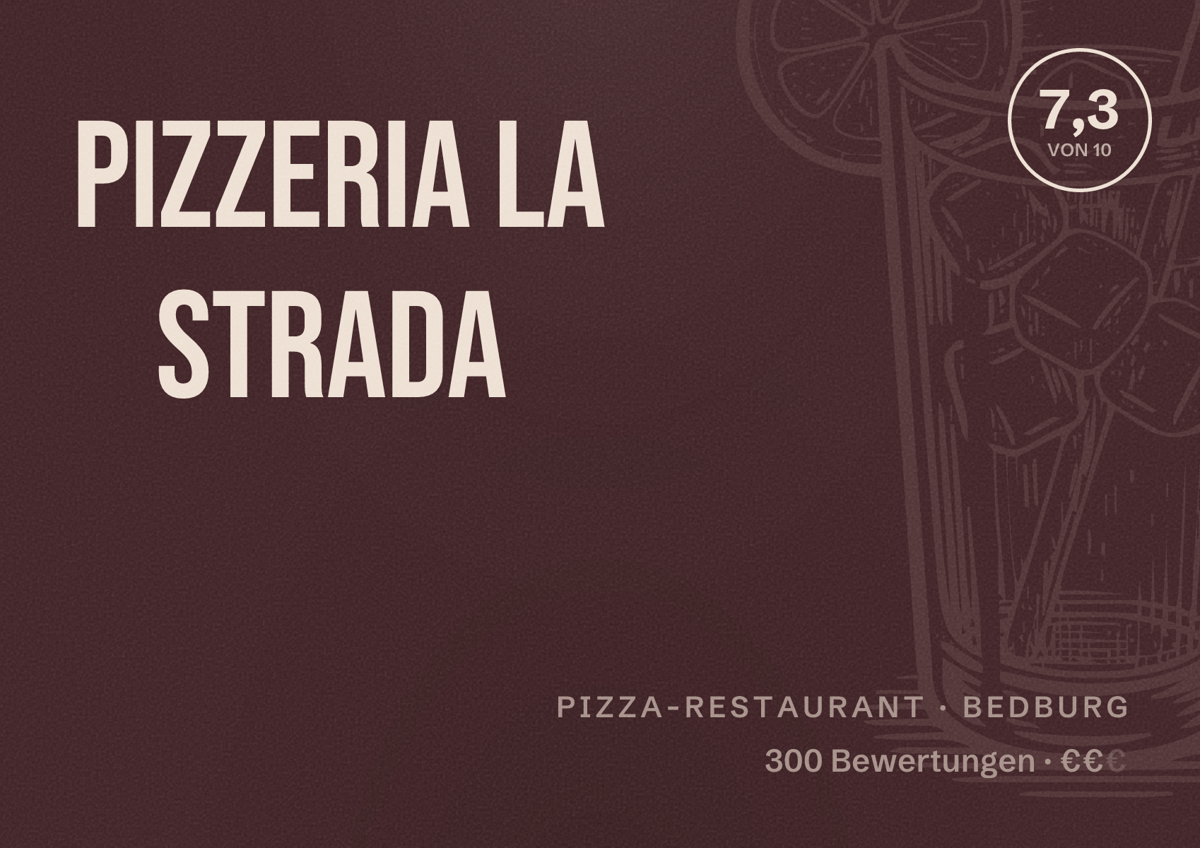 Illustriertes Poster von Pizzeria La Strada, Pizza-Restaurant in Bedburg: Bewertung 7,3 von 10 aus 300 Bewertungen, Preisniveau €€
