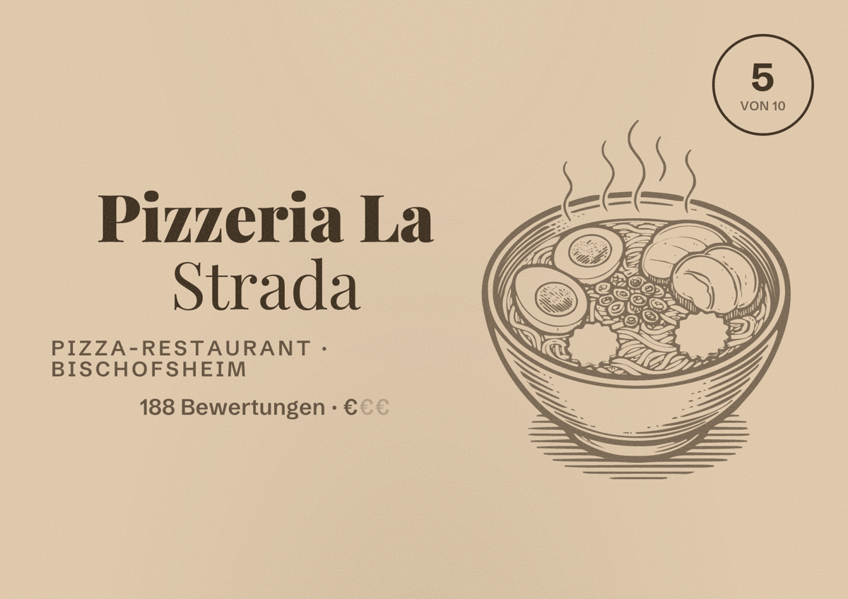 Illustriertes Poster von Pizzeria La Strada, Pizza-Restaurant in Bischofsheim: Bewertung 5 von 10 aus 188 Bewertungen, Preisniveau €