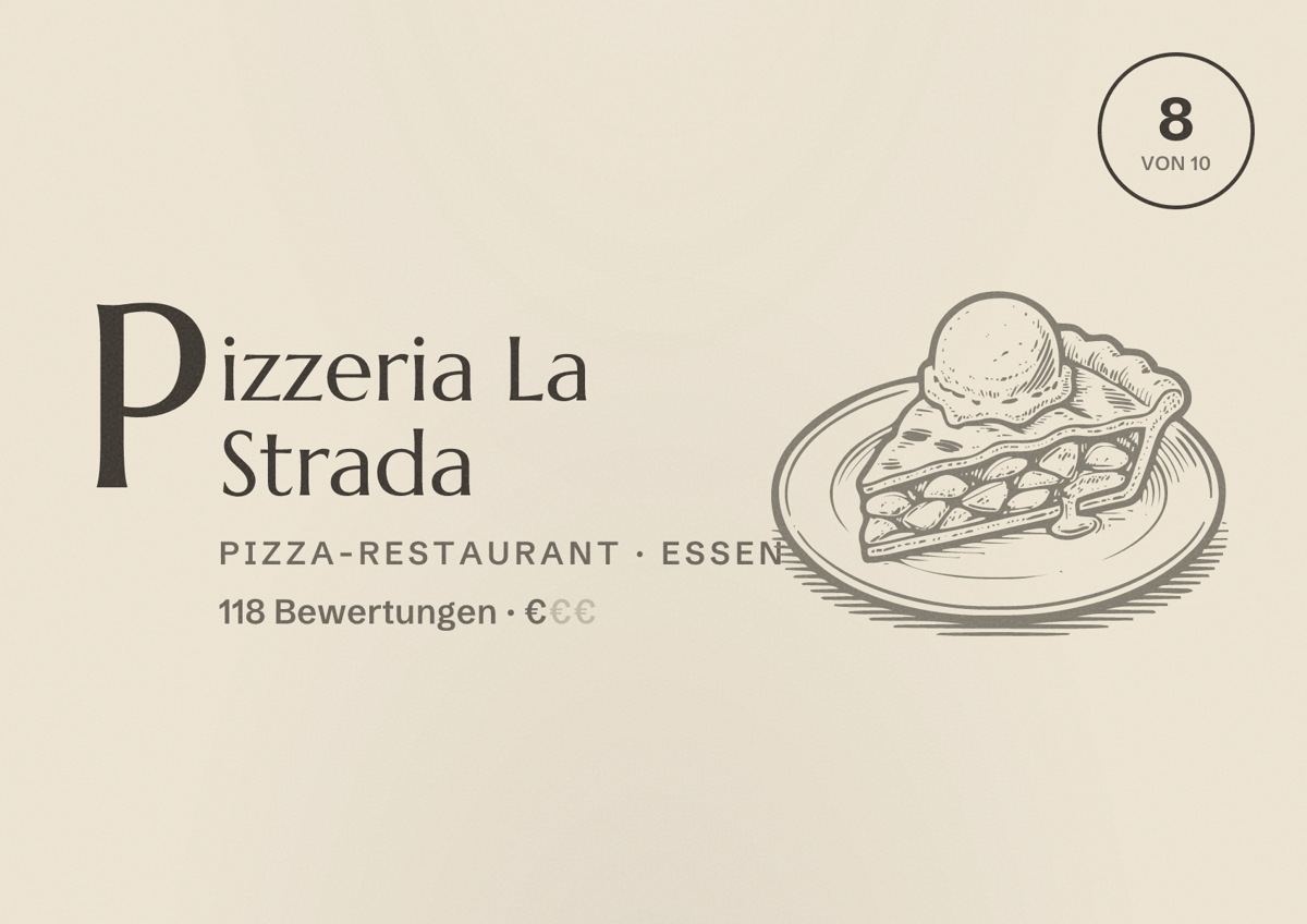 Illustriertes Poster von Pizzeria La Strada, Pizza-Restaurant in Essen: Bewertung 8 von 10 aus 118 Bewertungen, Preisniveau €