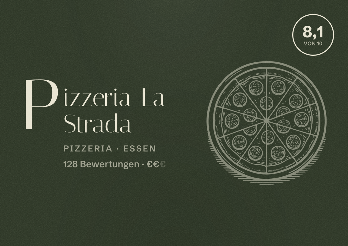 Illustriertes Poster von Pizzeria La Strada, Pizzeria in Essen: Bewertung 8,1 von 10 aus 128 Bewertungen, Preisniveau €€