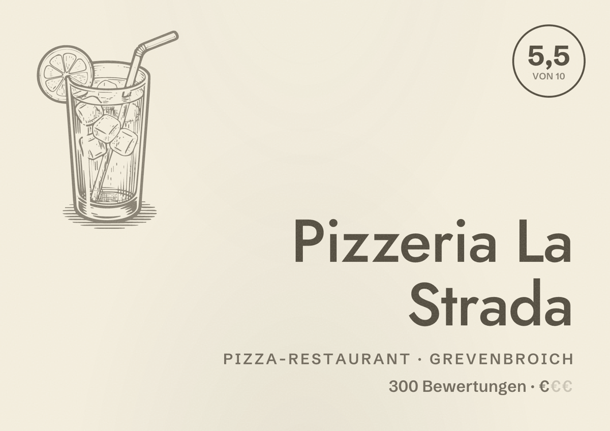 Illustriertes Poster von Pizzeria La Strada, Pizza-Restaurant in Grevenbroich: Bewertung 5,5 von 10 aus 300 Bewertungen, Preisniveau €