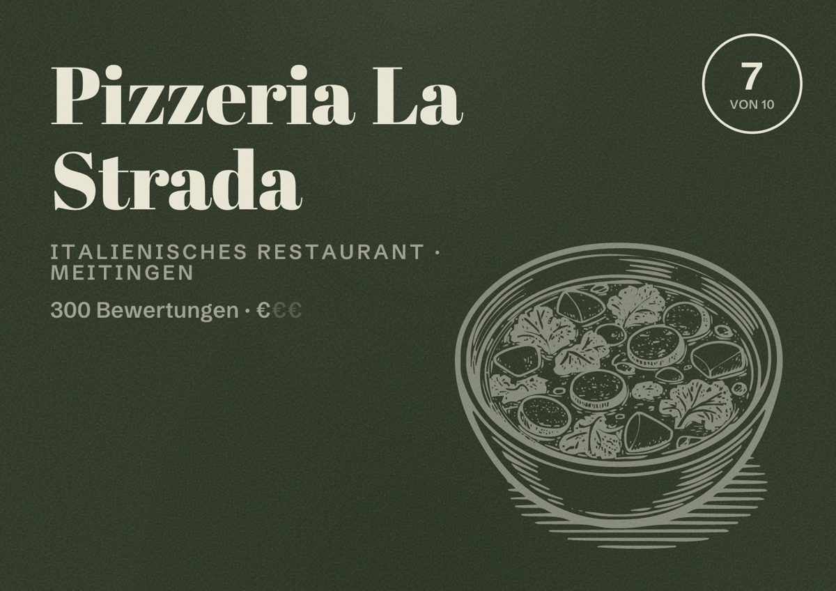 Illustriertes Poster von Pizzeria La Strada, Italienisches Restaurant in Meitingen: Bewertung 7 von 10 aus 300 Bewertungen, Preisniveau €