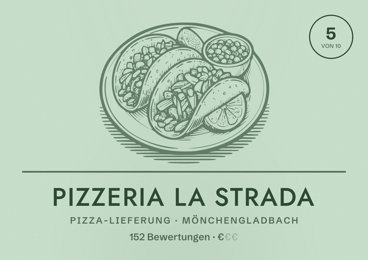 Illustriertes Poster von Pizzeria La Strada, Pizza-Lieferung in Mönchengladbach: Bewertung 5 von 10 aus 152 Bewertungen, Preisniveau €
