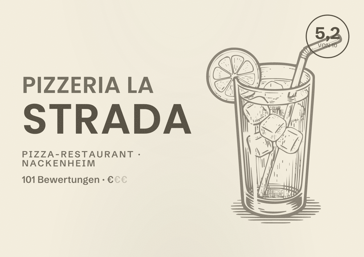Illustriertes Poster von Pizzeria La Strada, Pizza-Restaurant in Nackenheim: Bewertung 5,2 von 10 aus 101 Bewertungen, Preisniveau €
