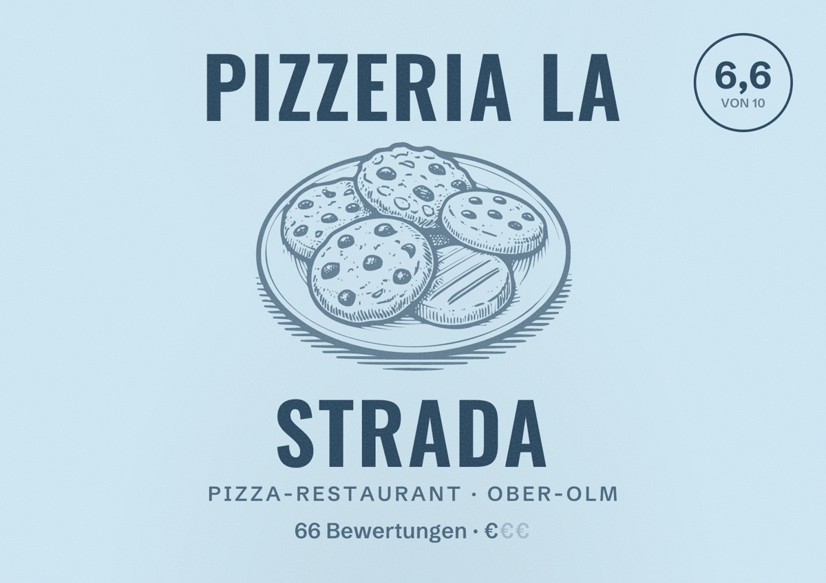 Illustriertes Poster von Pizzeria La Strada, Pizza-Restaurant in Ober-Olm: Bewertung 6,6 von 10 aus 66 Bewertungen, Preisniveau €