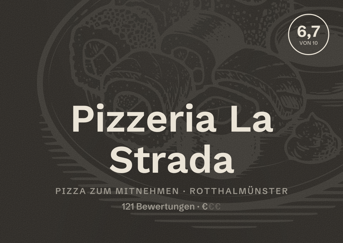 Illustriertes Poster von Pizzeria La Strada, Pizza zum Mitnehmen in Rotthalmünster: Bewertung 6,7 von 10 aus 121 Bewertungen, Preisniveau €