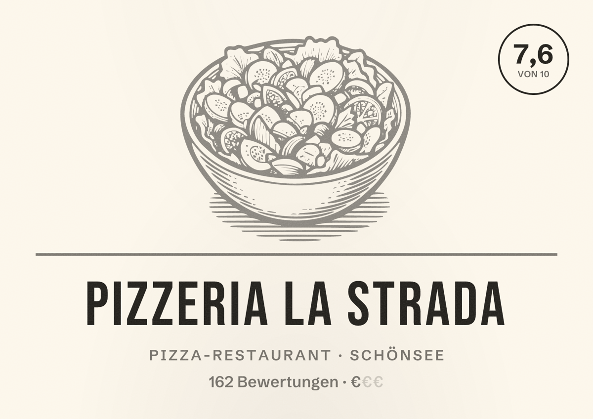 Illustriertes Poster von Pizzeria La Strada, Pizza-Restaurant in Schönsee: Bewertung 7,6 von 10 aus 162 Bewertungen, Preisniveau €