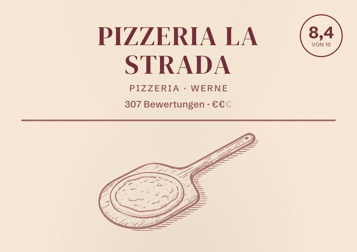 Illustriertes Poster von Pizzeria La Strada, Pizzeria in Werne: Bewertung 8,4 von 10 aus 307 Bewertungen, Preisniveau €€