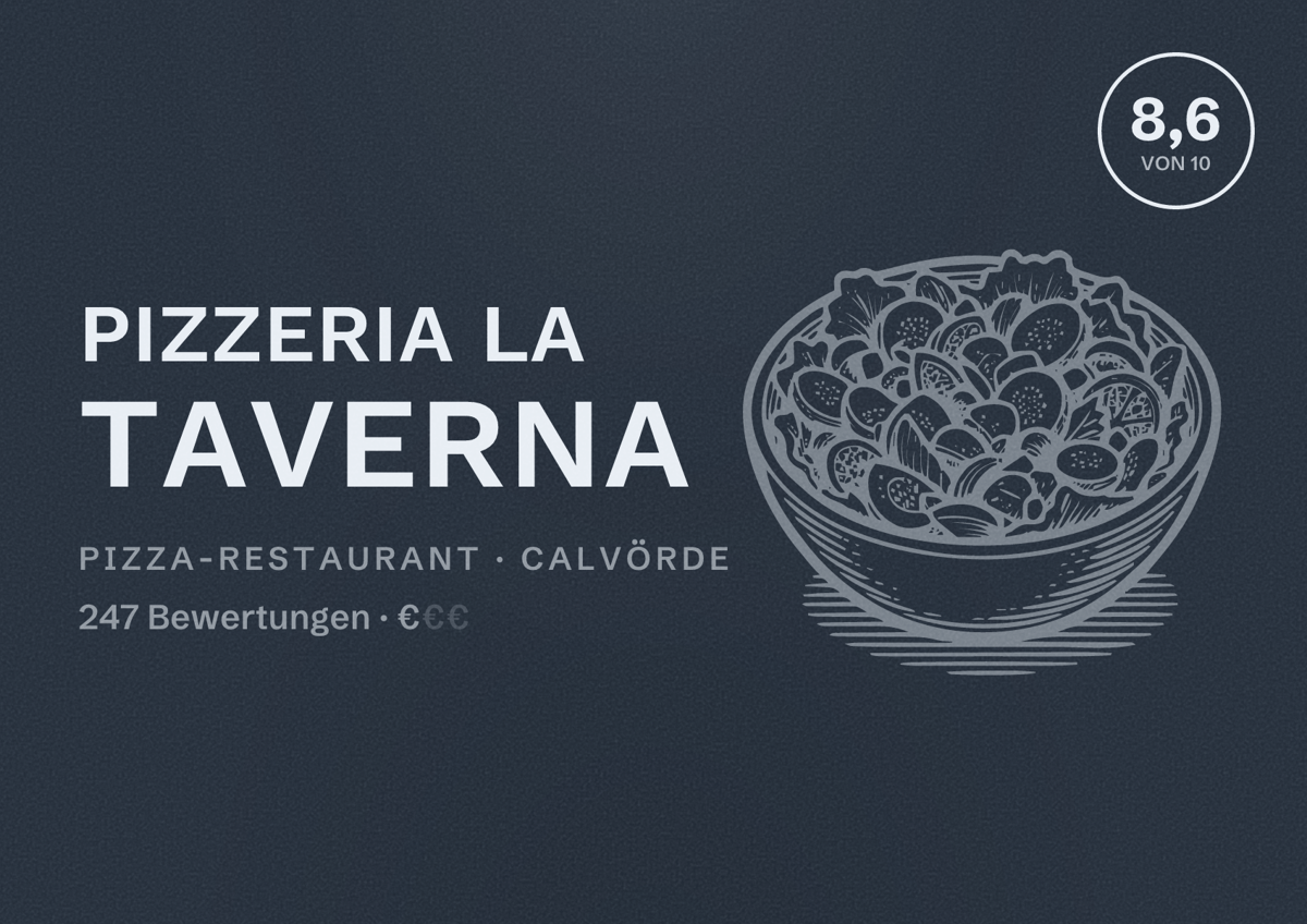 Illustriertes Poster von Pizzeria La Taverna, Pizza-Restaurant in Calvörde: Bewertung 8,6 von 10 aus 247 Bewertungen, Preisniveau €