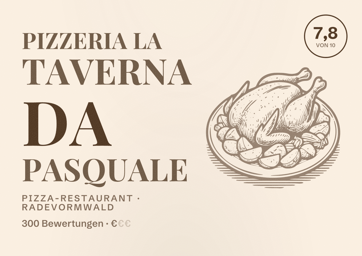 Illustriertes Poster von Pizzeria La Taverna da Pasquale, Pizza-Restaurant in Radevormwald: Bewertung 7,8 von 10 aus 300 Bewertungen, Preisniveau €