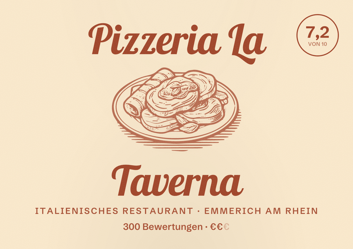 Illustriertes Poster von Pizzeria La Taverna, Italienisches Restaurant in Emmerich am Rhein: Bewertung 7,2 von 10 aus 300 Bewertungen, Preisniveau €€