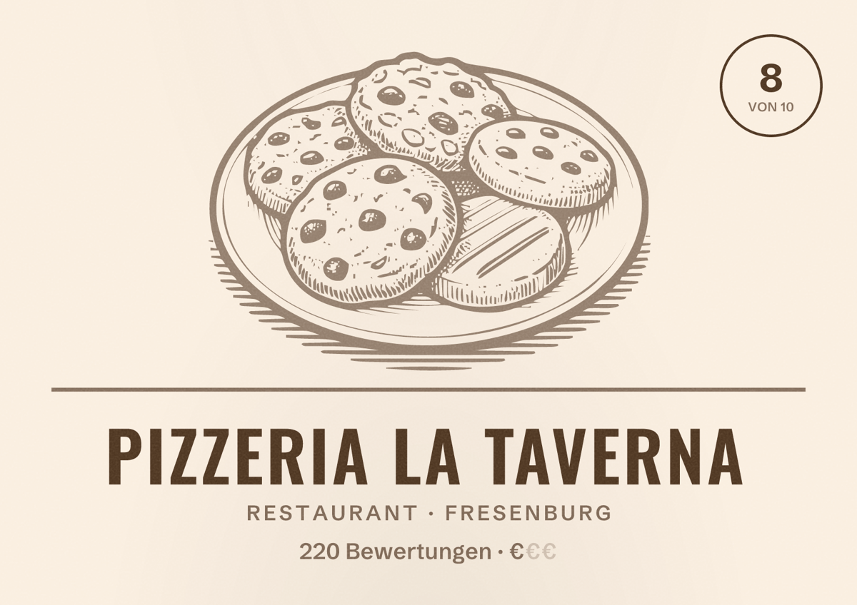 Illustriertes Poster von Pizzeria La Taverna, Restaurant in Fresenburg: Bewertung 8 von 10 aus 220 Bewertungen, Preisniveau €