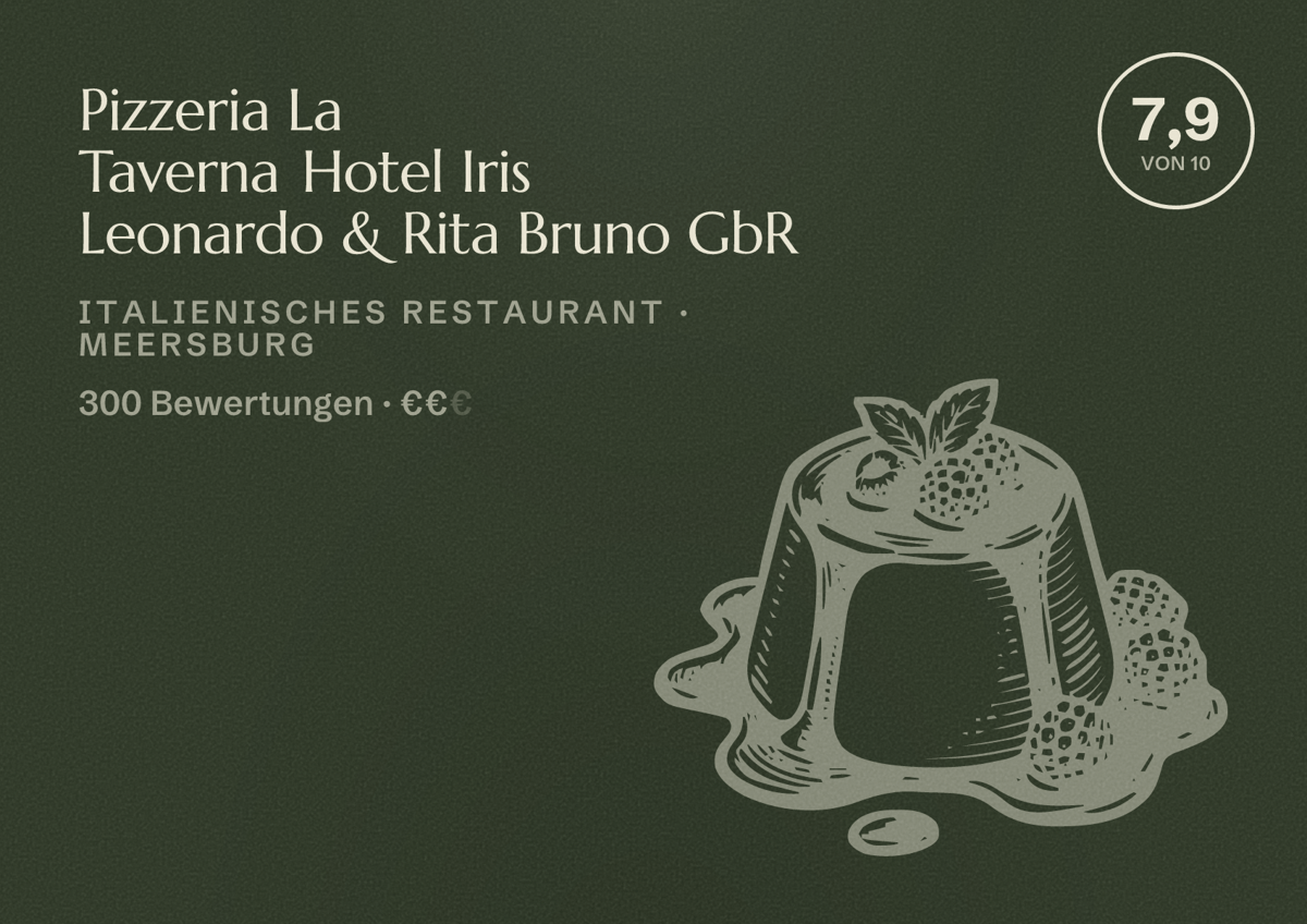 Illustriertes Poster von Pizzeria La Taverna Hotel Iris Leonardo & Rita Bruno GbR, Italienisches Restaurant in Meersburg: Bewertung 7,9 von 10 aus 300 Bewertungen, Preisniveau €€