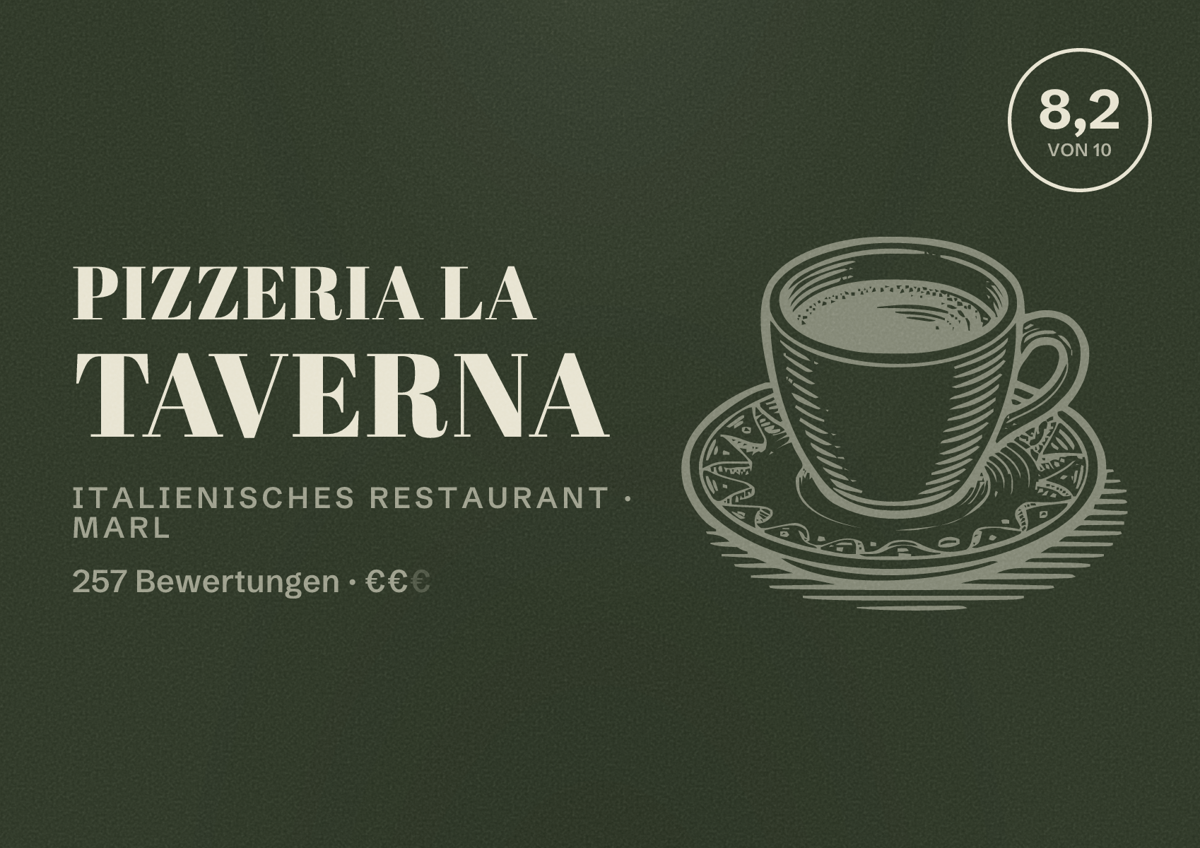 Illustriertes Poster von Pizzeria La Taverna, Italienisches Restaurant in Marl: Bewertung 8,2 von 10 aus 257 Bewertungen, Preisniveau €€