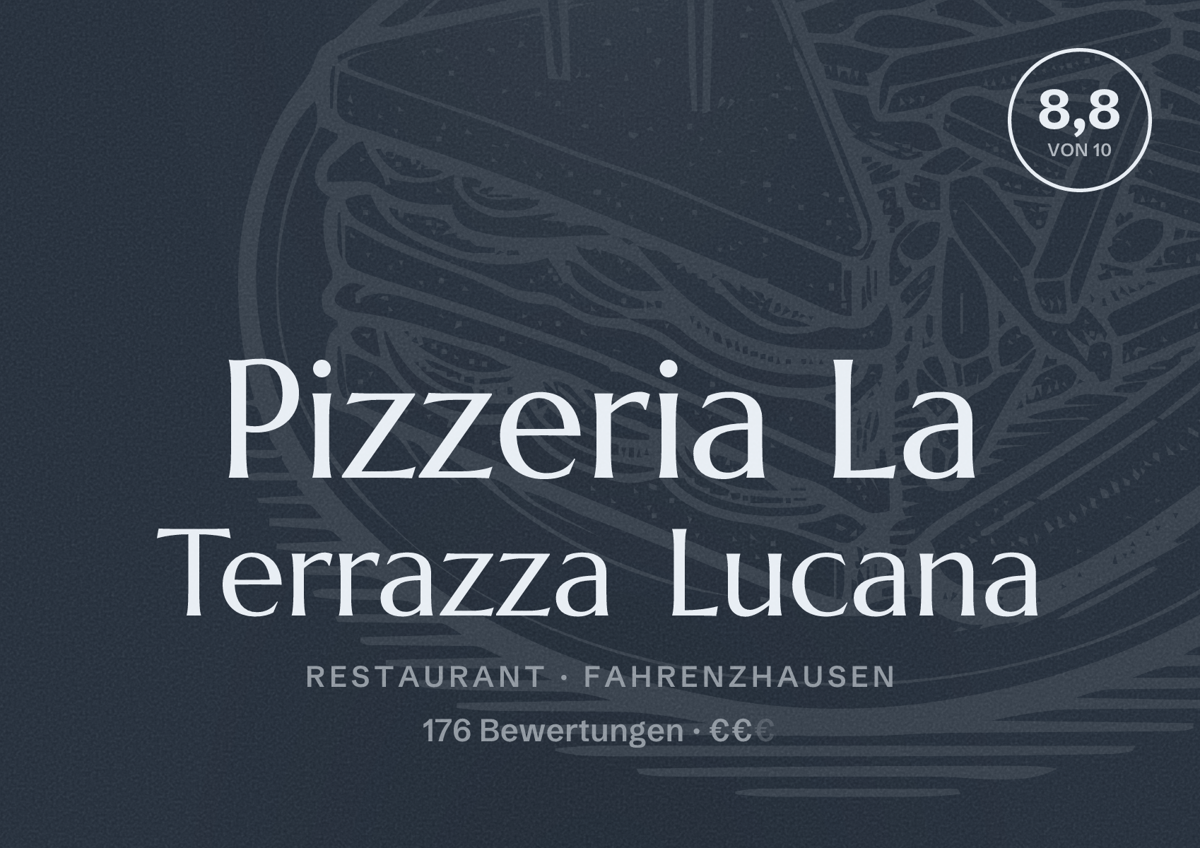 Illustriertes Poster von Pizzeria La Terrazza Lucana, Restaurant in Fahrenzhausen: Bewertung 8,8 von 10 aus 176 Bewertungen, Preisniveau €€