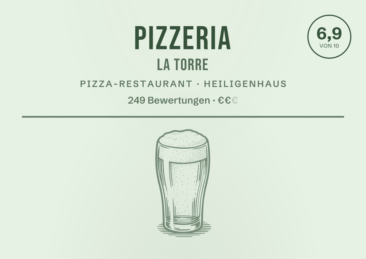 Illustriertes Poster von Pizzeria La Torre, Pizza-Restaurant in Heiligenhaus: Bewertung 6,9 von 10 aus 249 Bewertungen, Preisniveau €€
