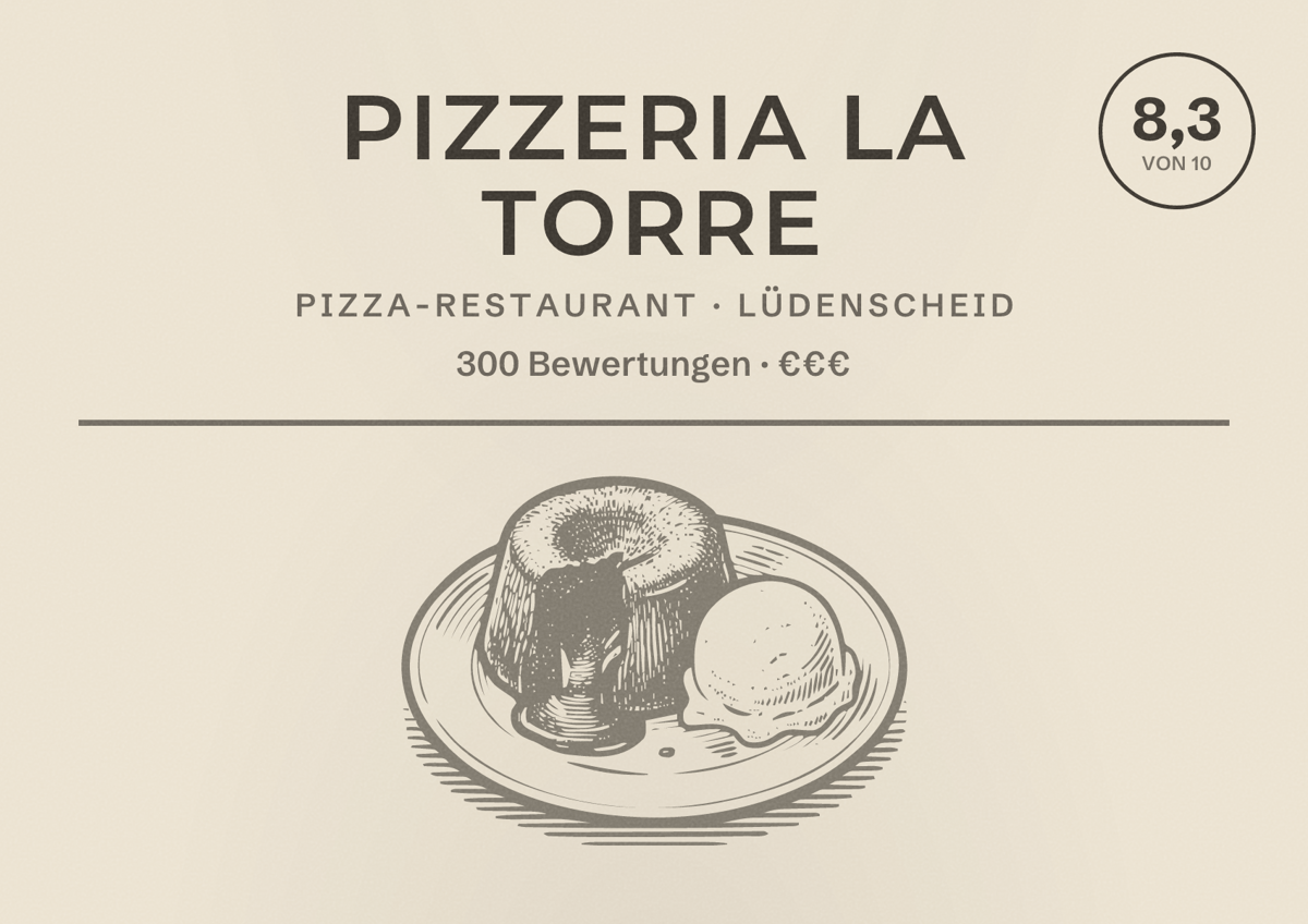 Illustriertes Poster von Pizzeria La Torre, Pizza-Restaurant in Lüdenscheid: Bewertung 8,3 von 10 aus 300 Bewertungen, Preisniveau €€€