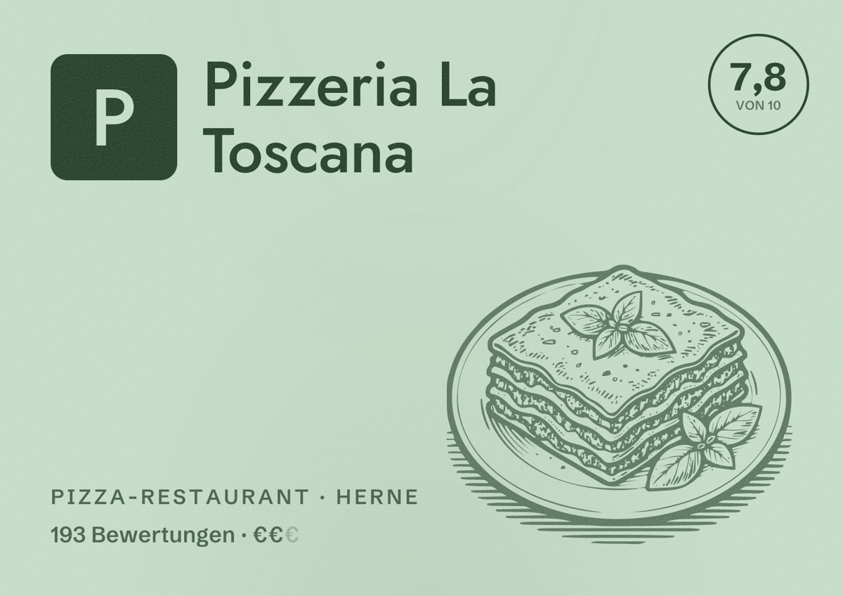 Illustriertes Poster von Pizzeria La Toscana, Pizza-Restaurant in Herne: Bewertung 7,8 von 10 aus 193 Bewertungen, Preisniveau €€