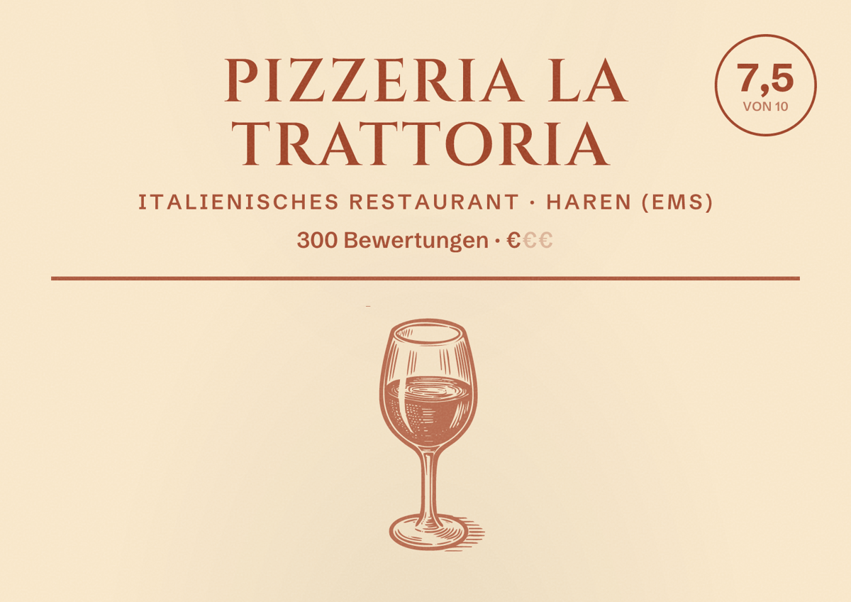 Illustriertes Poster von Pizzeria La Trattoria, Italienisches Restaurant in Haren (Ems): Bewertung 7,5 von 10 aus 300 Bewertungen, Preisniveau €