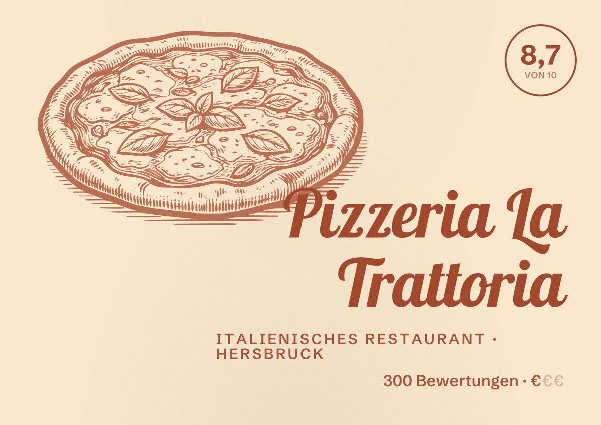 Illustriertes Poster von Pizzeria La Trattoria, Italienisches Restaurant in Hersbruck: Bewertung 8,7 von 10 aus 300 Bewertungen, Preisniveau €