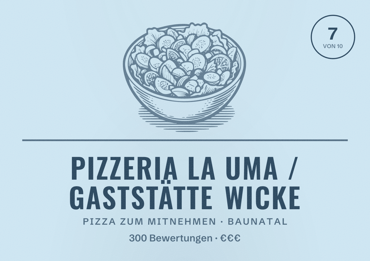 Illustriertes Poster von Pizzeria La uma / gaststätte Wicke, Pizza zum Mitnehmen in Baunatal: Bewertung 7 von 10 aus 300 Bewertungen, Preisniveau €€€