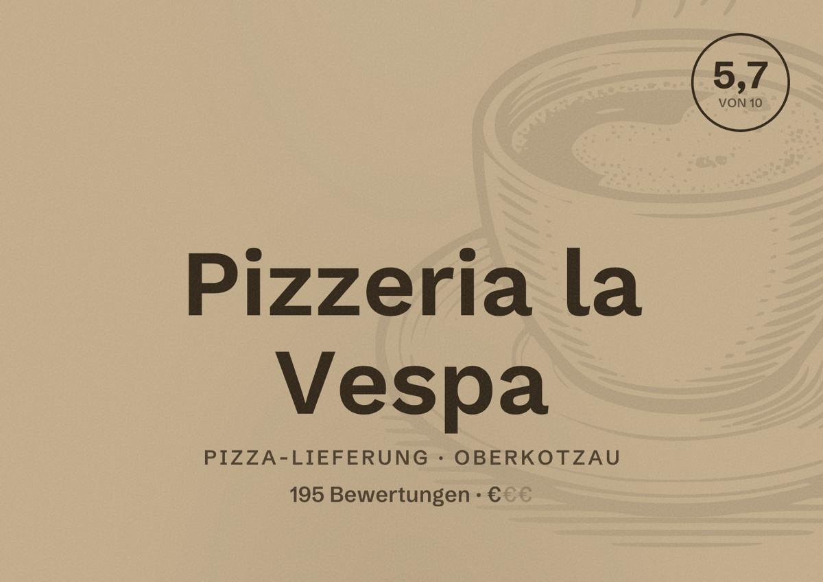 Illustriertes Poster von Pizzeria la Vespa, Pizza-Lieferung in Oberkotzau: Bewertung 5,7 von 10 aus 195 Bewertungen, Preisniveau €