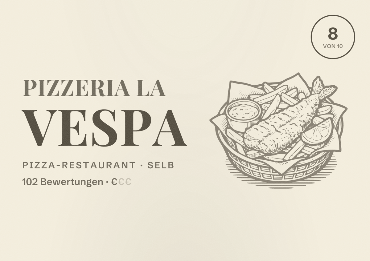Illustriertes Poster von Pizzeria la Vespa, Pizza-Restaurant in Selb: Bewertung 8 von 10 aus 102 Bewertungen, Preisniveau €