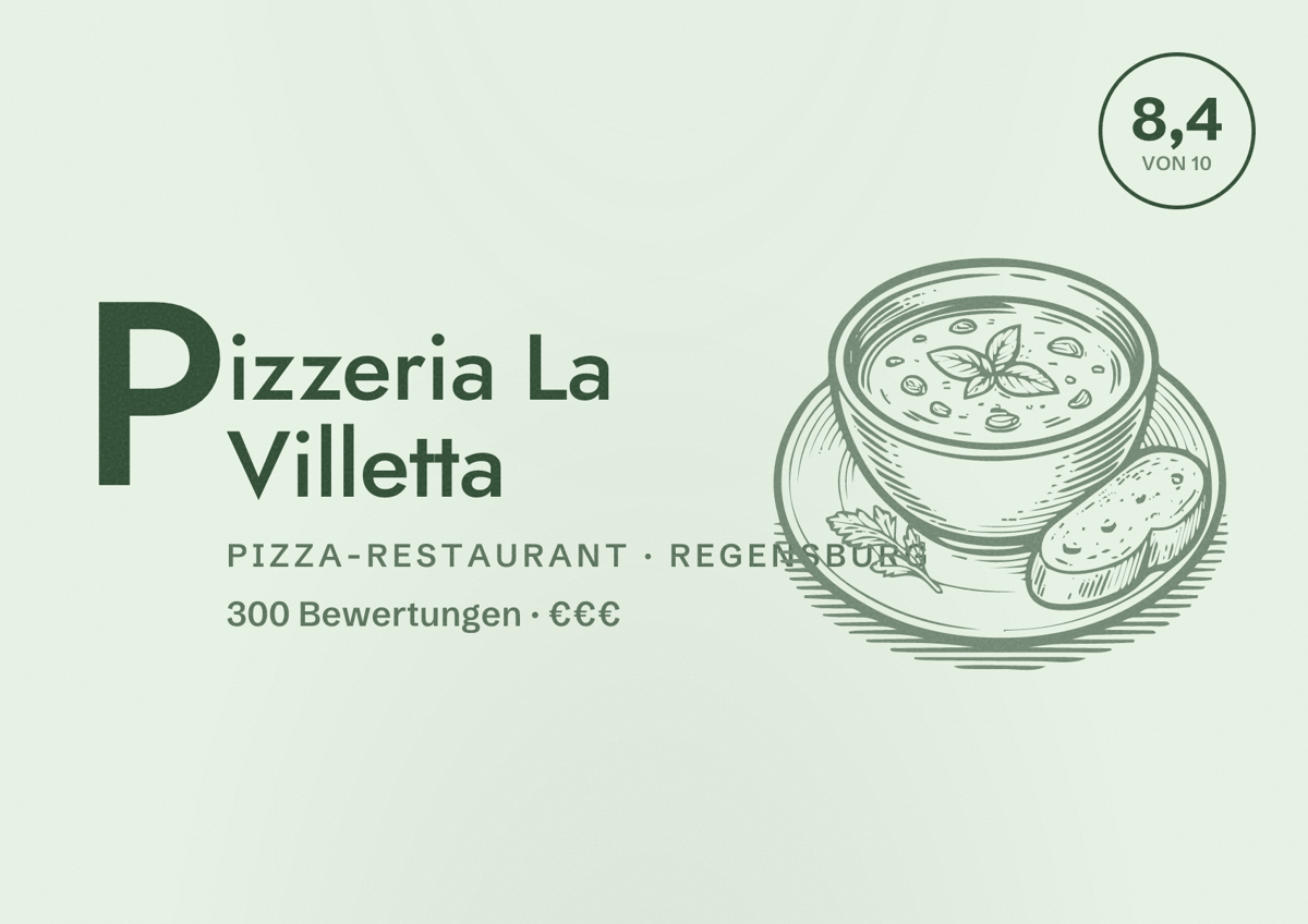 Illustriertes Poster von Pizzeria La Villetta, Pizza-Restaurant in Regensburg: Bewertung 8,4 von 10 aus 300 Bewertungen, Preisniveau €€€