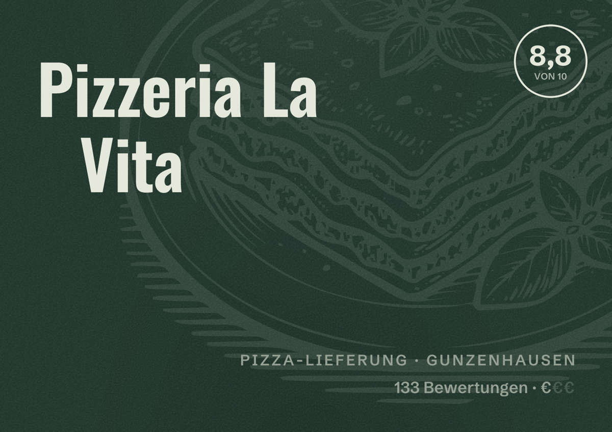 Illustriertes Poster von Pizzeria La Vita, Pizza-Lieferung in Gunzenhausen: Bewertung 8,8 von 10 aus 133 Bewertungen, Preisniveau €