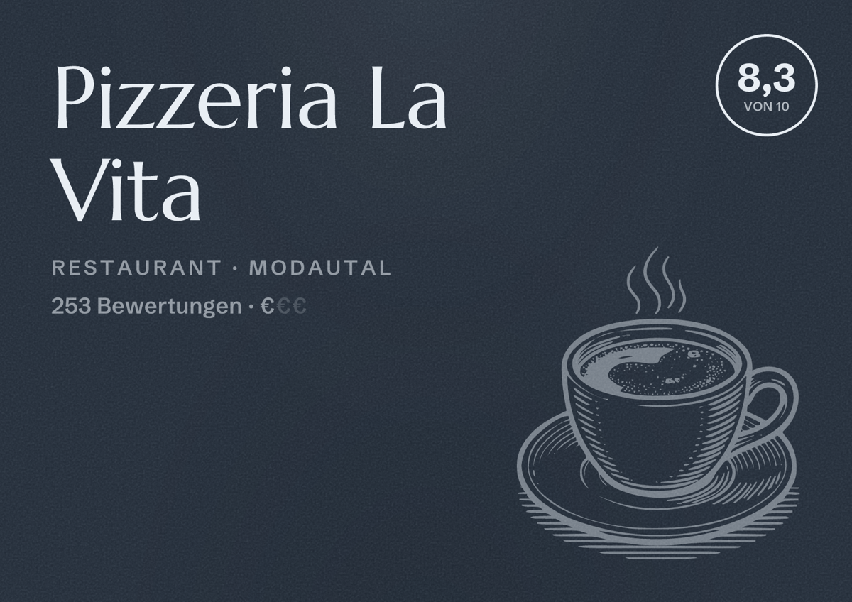 Illustriertes Poster von Pizzeria La Vita, Restaurant in Modautal: Bewertung 8,3 von 10 aus 253 Bewertungen, Preisniveau €