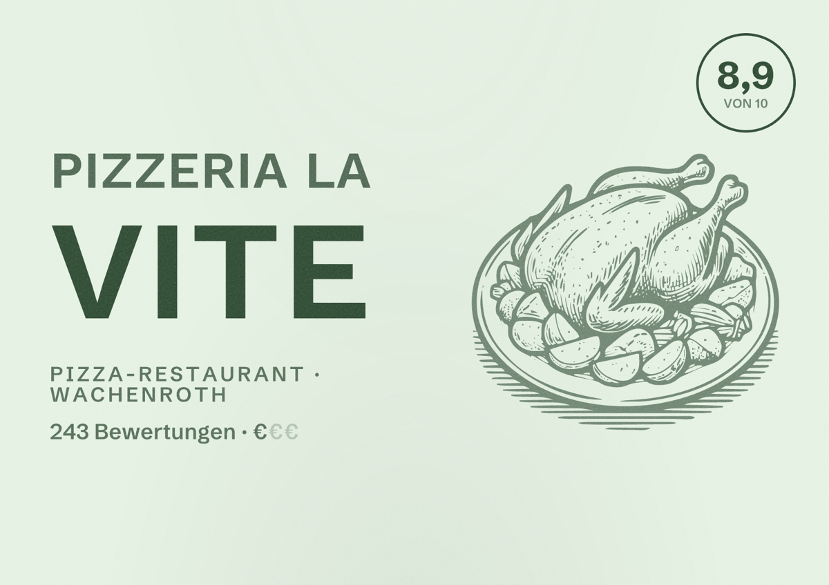 Illustriertes Poster von Pizzeria La Vite, Pizza-Restaurant in Wachenroth: Bewertung 8,9 von 10 aus 243 Bewertungen, Preisniveau €