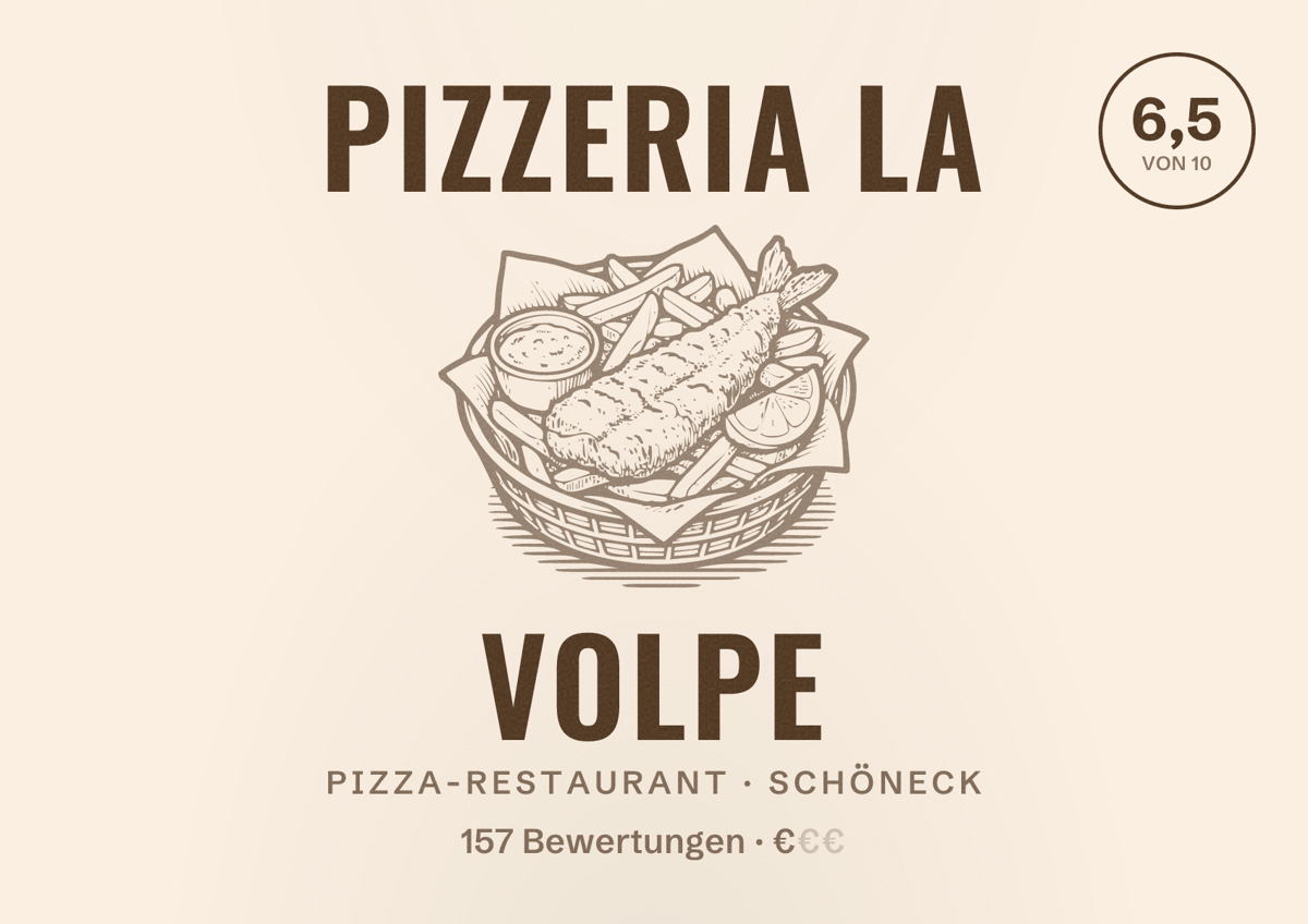 Illustriertes Poster von Pizzeria La Volpe, Pizza-Restaurant in Schöneck: Bewertung 6,5 von 10 aus 157 Bewertungen, Preisniveau €