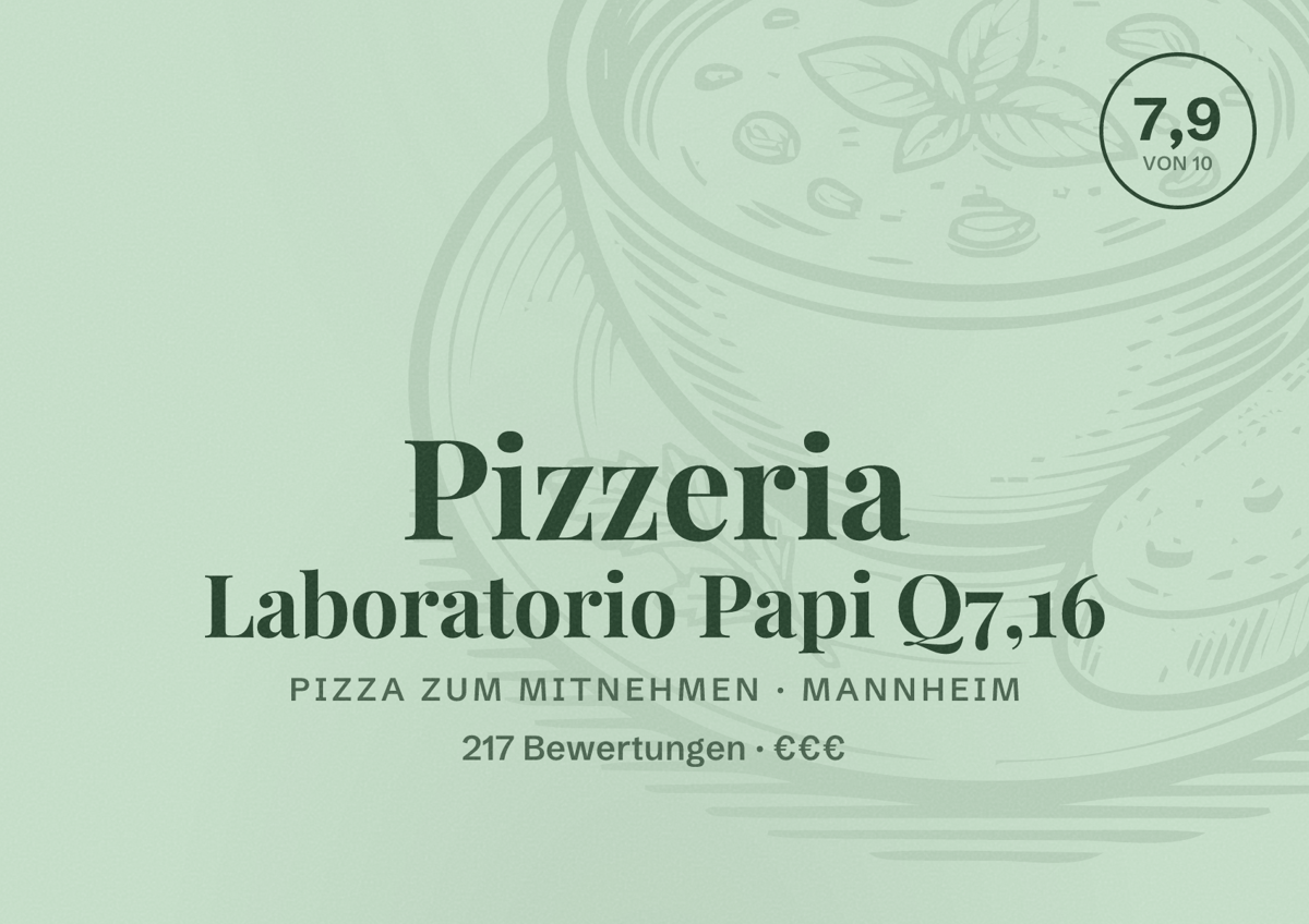 Illustriertes Poster von Pizzeria Laboratorio Papi Q7,16, Pizza zum Mitnehmen in Mannheim: Bewertung 7,9 von 10 aus 217 Bewertungen, Preisniveau €€€