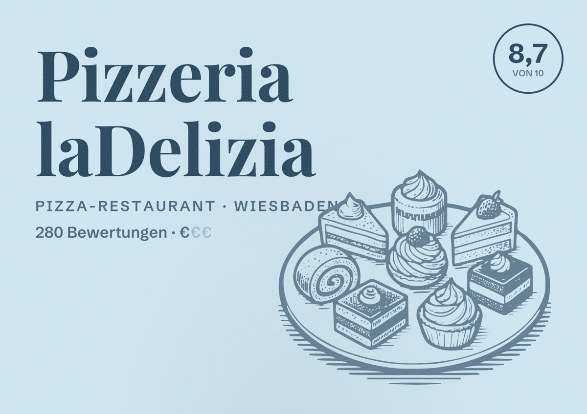 Illustriertes Poster von Pizzeria laDelizia, Pizza-Restaurant in Wiesbaden: Bewertung 8,7 von 10 aus 280 Bewertungen, Preisniveau €