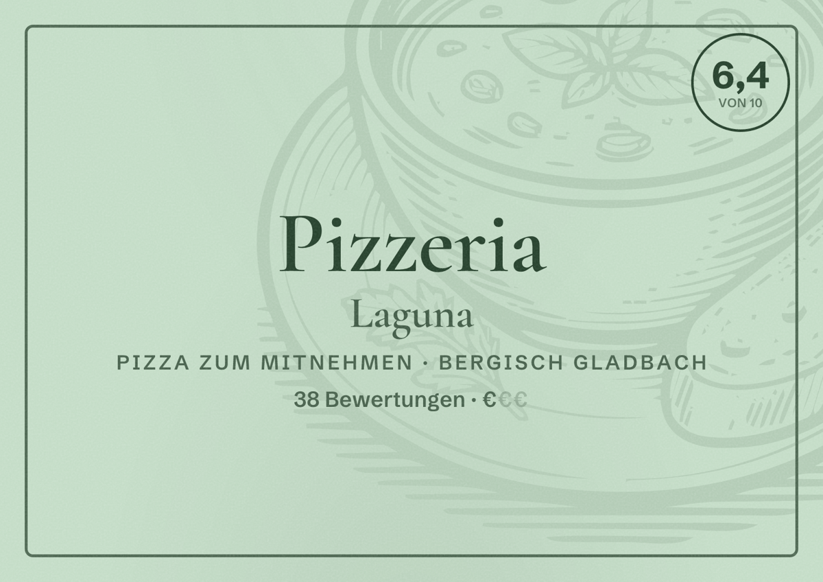 Illustriertes Poster von Pizzeria Laguna, Pizza zum Mitnehmen in Bergisch Gladbach: Bewertung 6,4 von 10 aus 38 Bewertungen, Preisniveau €