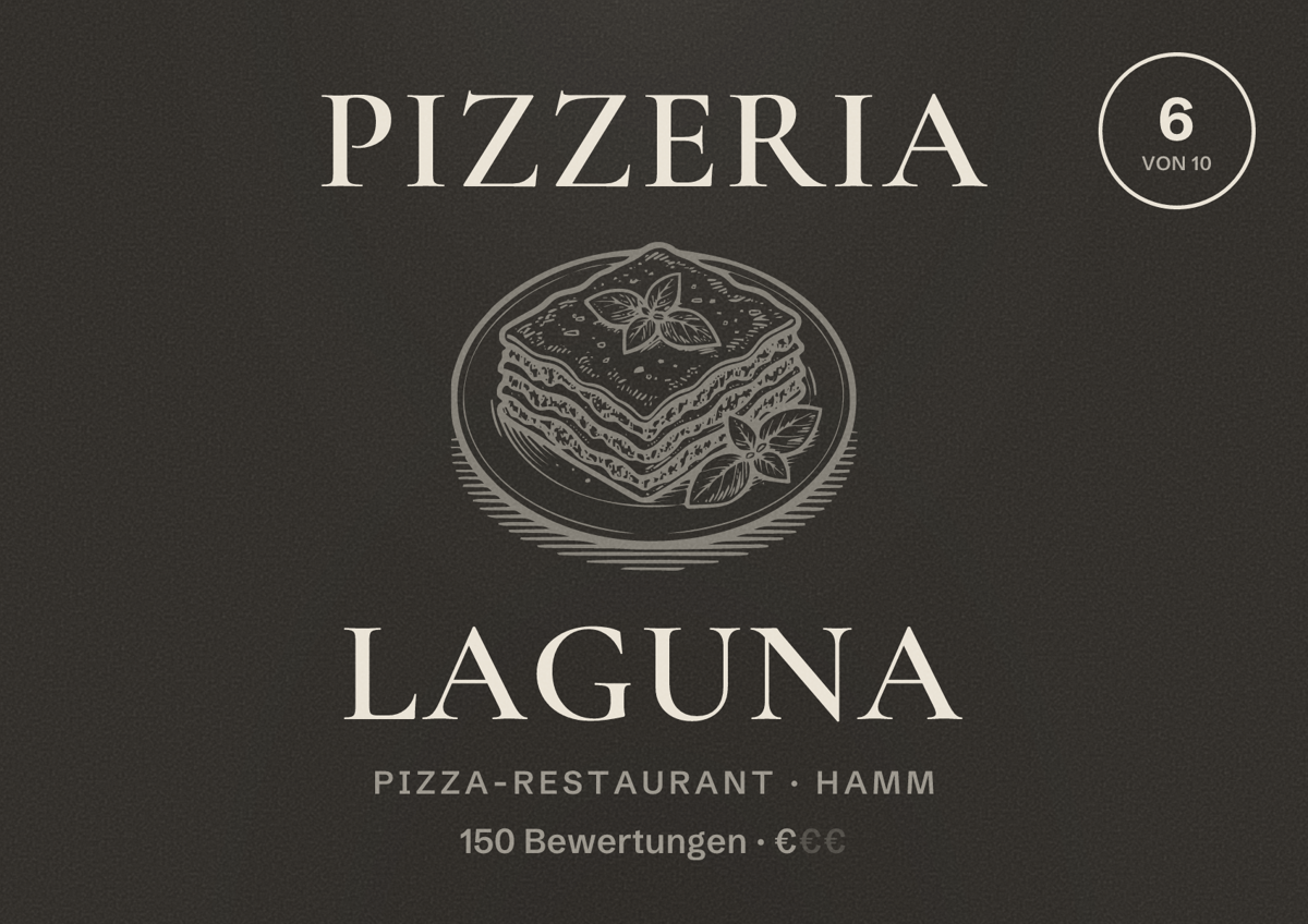 Illustriertes Poster von Pizzeria Laguna, Pizza-Restaurant in Hamm: Bewertung 6 von 10 aus 150 Bewertungen, Preisniveau €