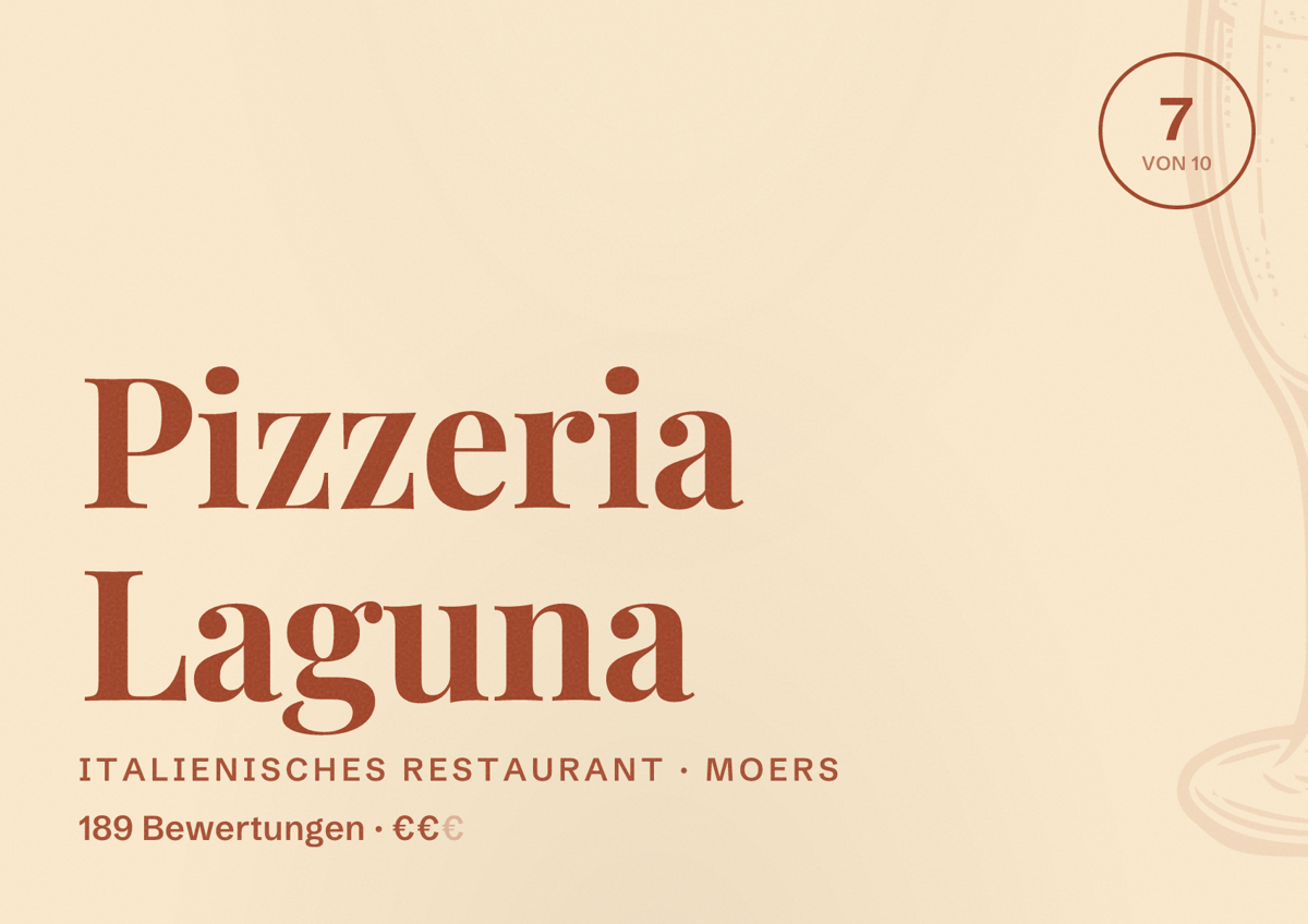 Illustriertes Poster von Pizzeria Laguna, Italienisches Restaurant in Moers: Bewertung 7 von 10 aus 189 Bewertungen, Preisniveau €€