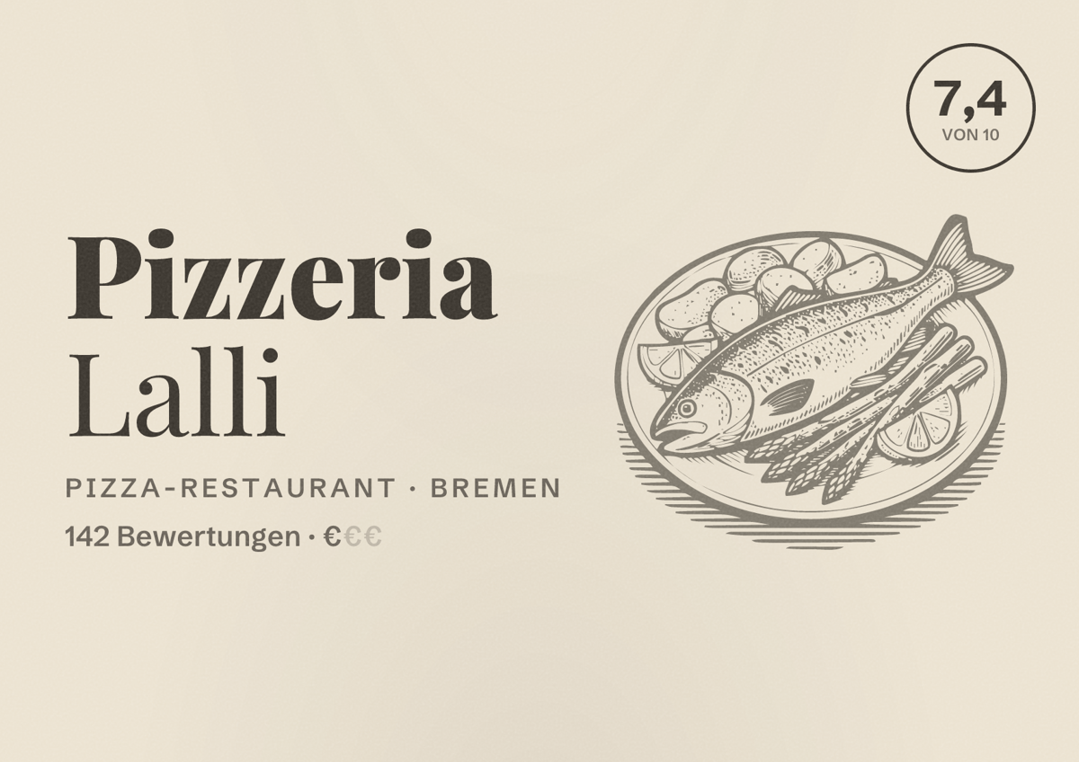 Illustriertes Poster von Pizzeria Lalli, Pizza-Restaurant in Bremen: Bewertung 7,4 von 10 aus 142 Bewertungen, Preisniveau €