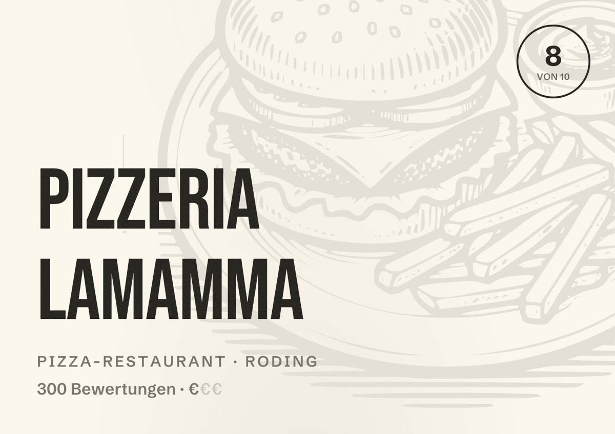 Illustriertes Poster von Pizzeria LaMamma, Pizza-Restaurant in Roding: Bewertung 8 von 10 aus 300 Bewertungen, Preisniveau €