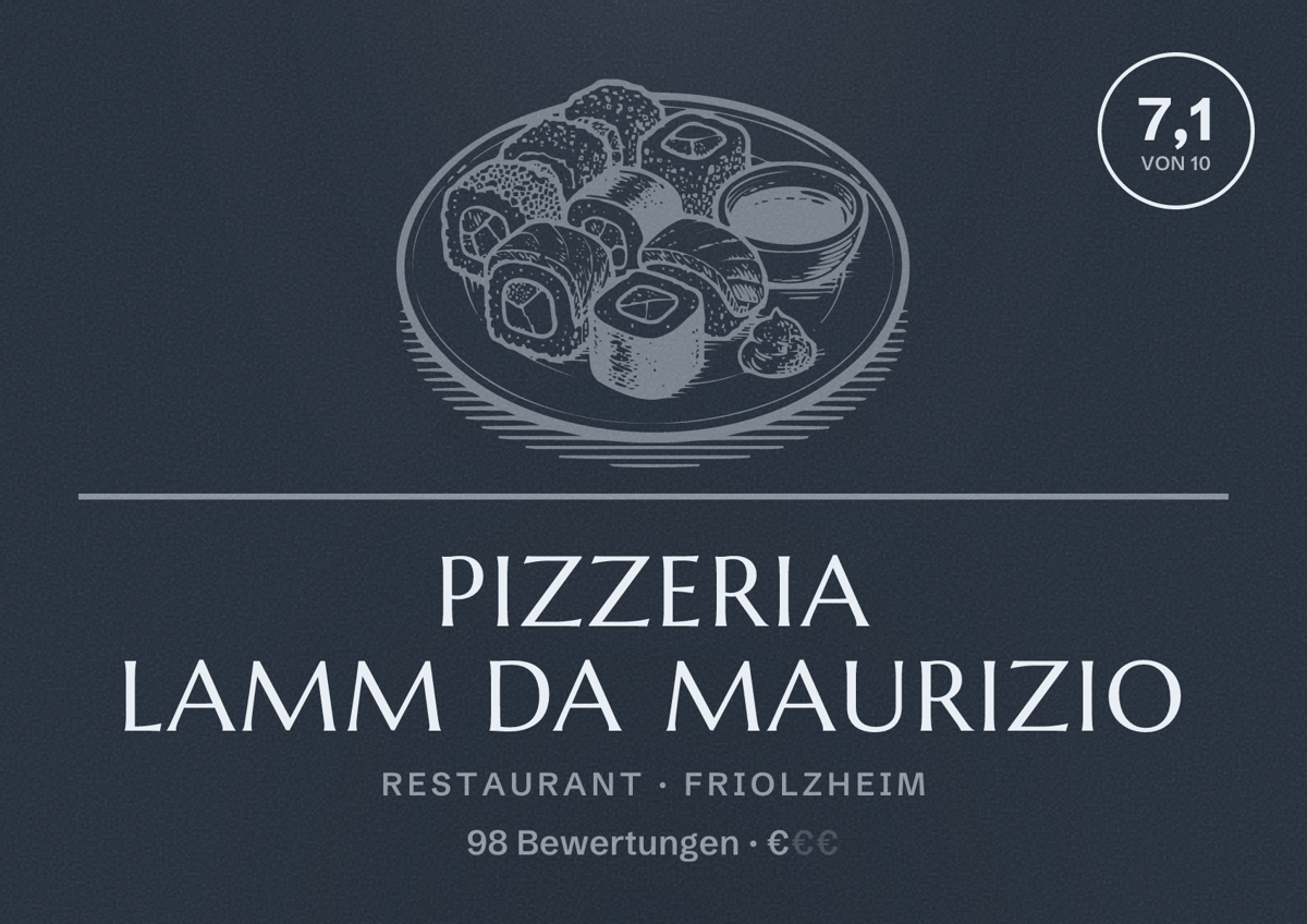 Illustriertes Poster von Pizzeria Lamm da Maurizio, Restaurant in Friolzheim: Bewertung 7,1 von 10 aus 98 Bewertungen, Preisniveau €