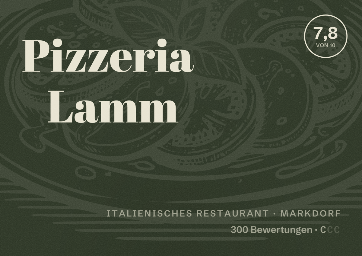 Illustriertes Poster von Pizzeria Lamm, Italienisches Restaurant in Markdorf: Bewertung 7,8 von 10 aus 300 Bewertungen, Preisniveau €