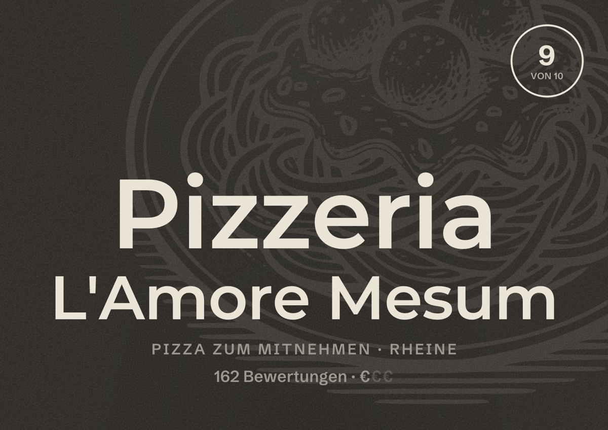 Illustriertes Poster von Pizzeria L'Amore Mesum, Pizza zum Mitnehmen in Rheine: Bewertung 9 von 10 aus 162 Bewertungen, Preisniveau €