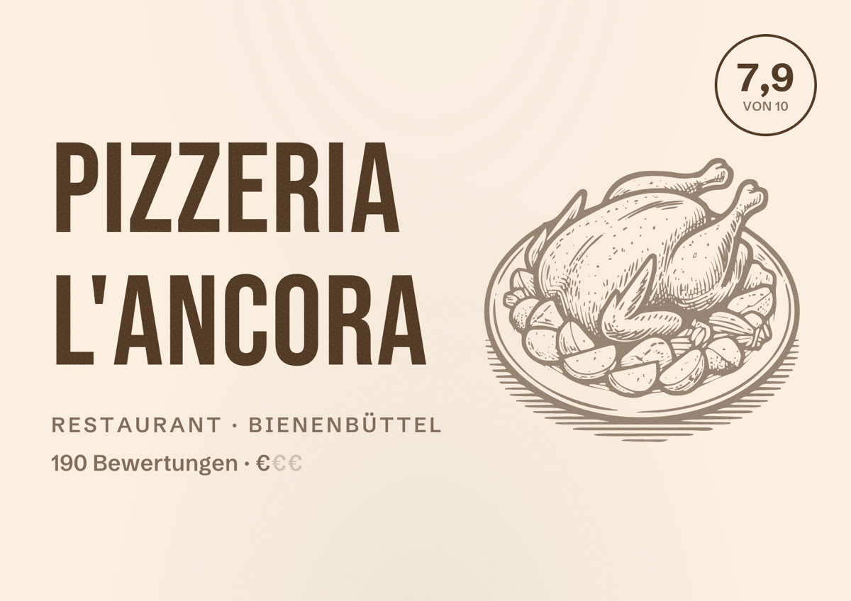 Illustriertes Poster von Pizzeria L'Ancora, Restaurant in Bienenbüttel: Bewertung 7,9 von 10 aus 190 Bewertungen, Preisniveau €