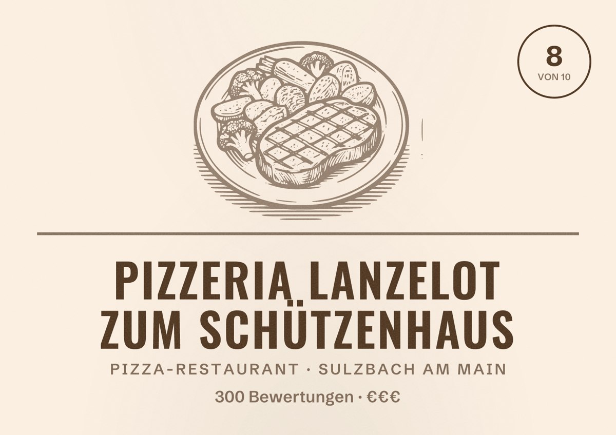 Illustriertes Poster von Pizzeria Lanzelot Zum Schützenhaus, Pizza-Restaurant in Sulzbach am Main: Bewertung 8 von 10 aus 300 Bewertungen, Preisniveau €€€