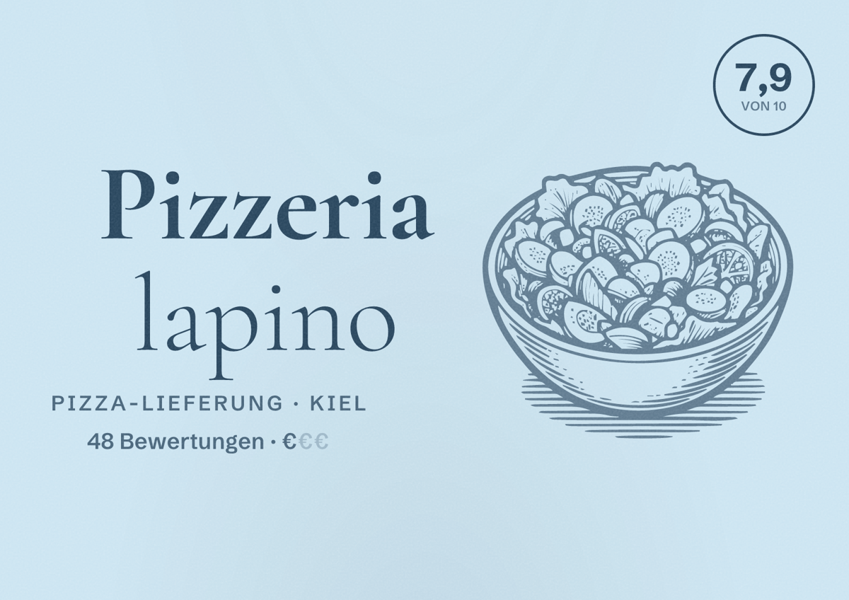 Illustriertes Poster von Pizzeria lapino, Pizza-Lieferung in Kiel: Bewertung 7,9 von 10 aus 48 Bewertungen, Preisniveau €