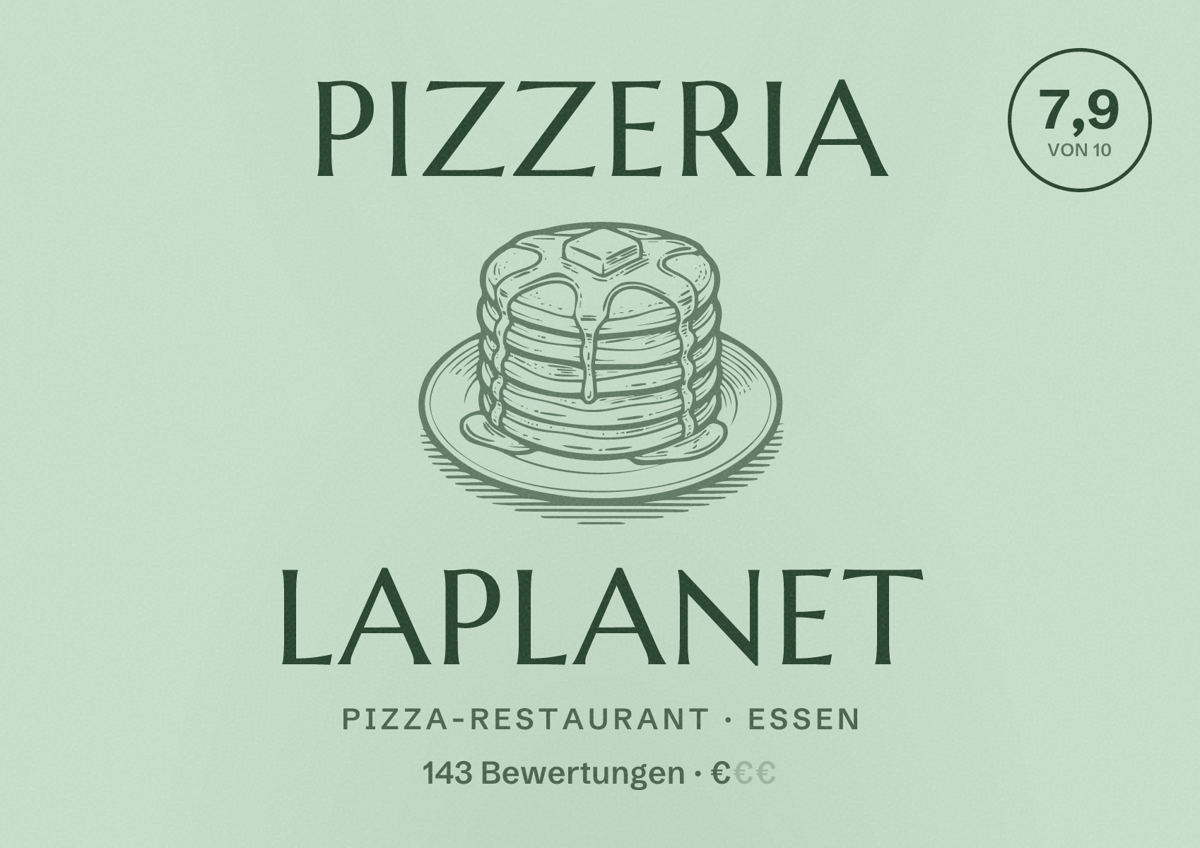 Illustriertes Poster von Pizzeria LaPlanet, Pizza-Restaurant in Essen: Bewertung 7,9 von 10 aus 143 Bewertungen, Preisniveau €