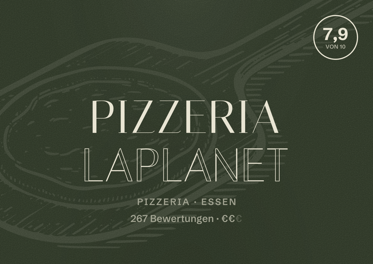 Illustriertes Poster von Pizzeria LaPlanet, Pizzeria in Essen: Bewertung 7,9 von 10 aus 267 Bewertungen, Preisniveau €€
