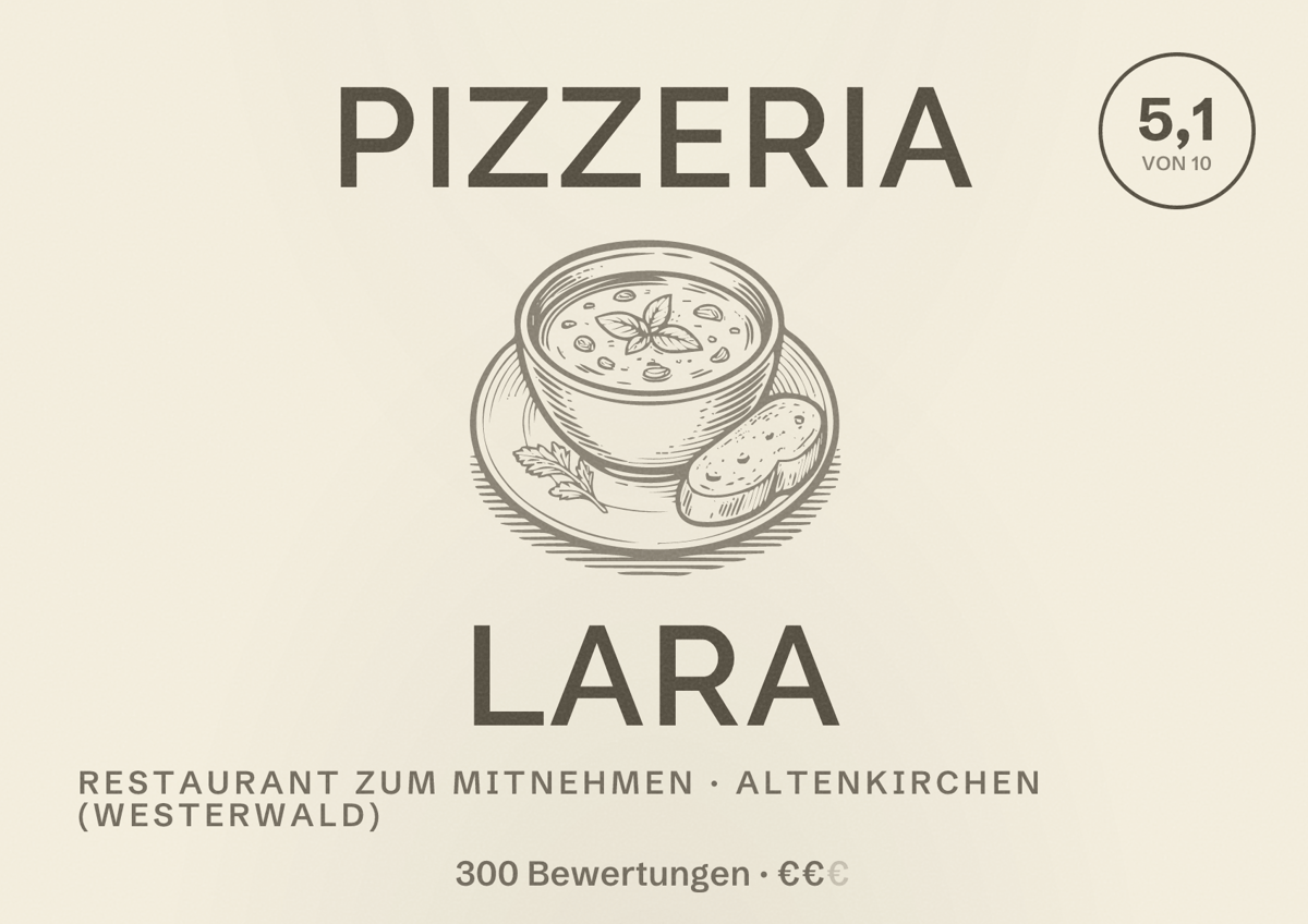 Illustriertes Poster von Pizzeria Lara, Restaurant zum Mitnehmen in Altenkirchen (Westerwald): Bewertung 5,1 von 10 aus 300 Bewertungen, Preisniveau €€
