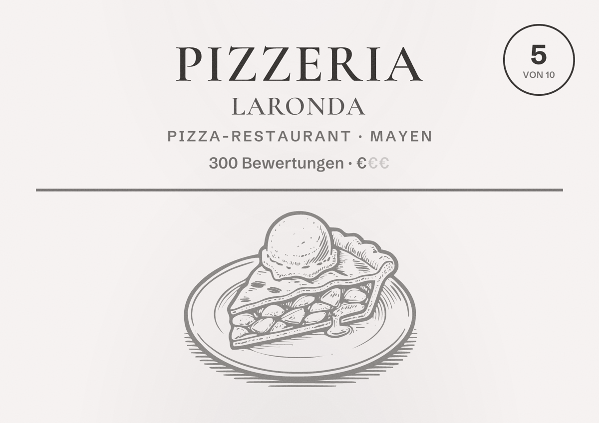 Illustriertes Poster von Pizzeria Laronda, Pizza-Restaurant in Mayen: Bewertung 5 von 10 aus 300 Bewertungen, Preisniveau €