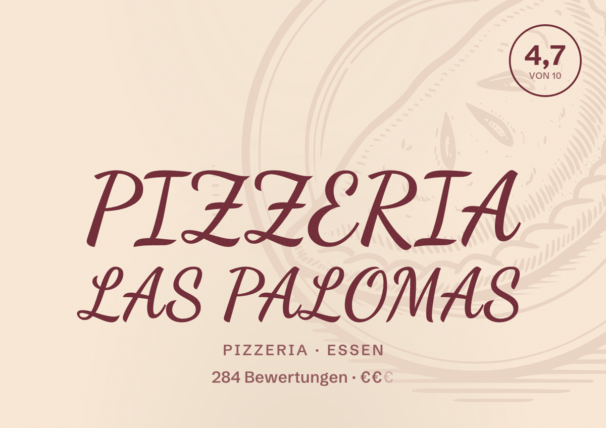 Illustriertes Poster von PIZZERIA LAS PALOMAS, Pizzeria in Essen: Bewertung 4,7 von 10 aus 284 Bewertungen, Preisniveau €€